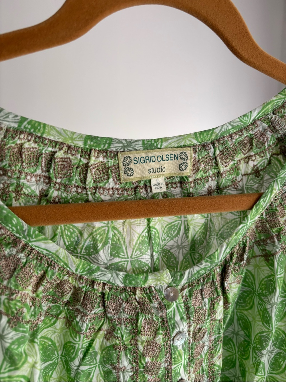 Sigrid Olsen Green and Brown Printed Smocked Blouse